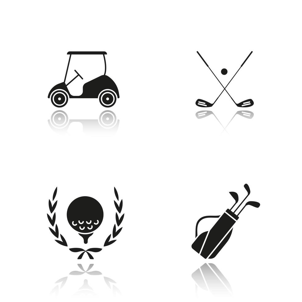 jeu d'icônes noires d'ombre portée de championnat de golf. boule en couronne de laurier, massues croisées, chariot et sac. illustrations vectorielles isolées vecteur
