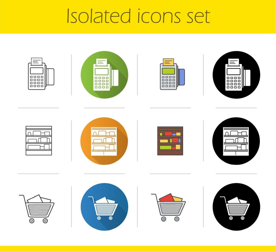 jeu d'icônes de supermarché. design plat, styles linéaires, noirs et couleurs. étagères de magasin, borne de point de vente, caddie de supermarché avec des boîtes. illustrations vectorielles isolées vecteur