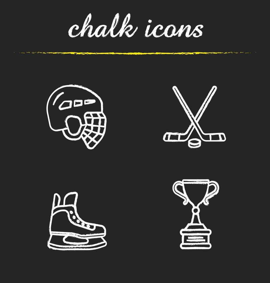 Ensemble d'icônes de craie d'équipement de hockey. casque, patin à glace, bâtons, prix du gagnant. illustrations de tableau de vecteur isolé