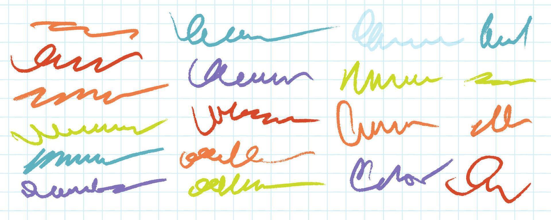 charbon crayon frisé lignes, coups et gribouillis. griffonner brosse coups ensemble. main tiré marqueur griffonnages et s'épanouit. Couleur crayon croquis. brosse accident vasculaire cérébral barbouillettes isolé sur blanc vecteur