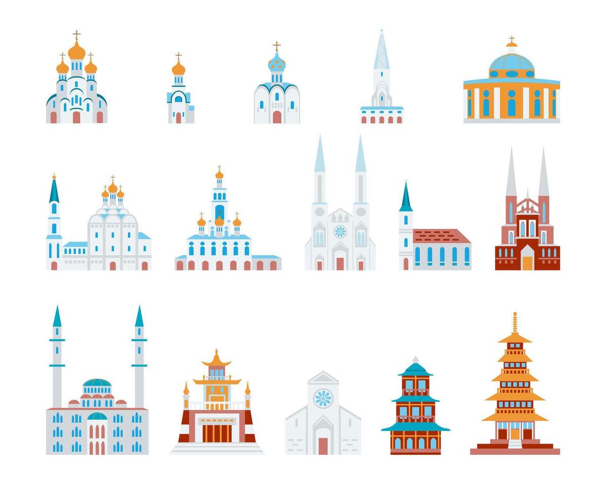 ensemble de religieux bâtiments de le monde des églises catholique et Christian mosquée pagode bouddhiste des illustrations dans plat dessin animé style isolé sur blanc Contexte vecteur