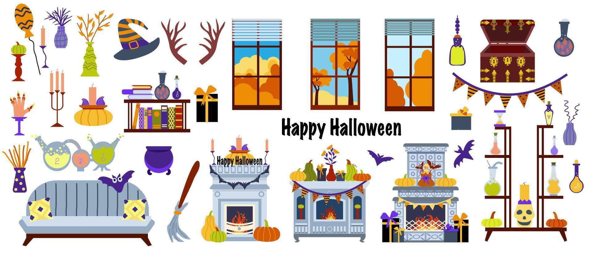 ensemble de confortable décor pour le intérieur dans le style de Halloween. guirlandes, citrouilles, vases, de fête décor, canapé, cheminées. illustration dans le style de plat griffonnages. vecteur