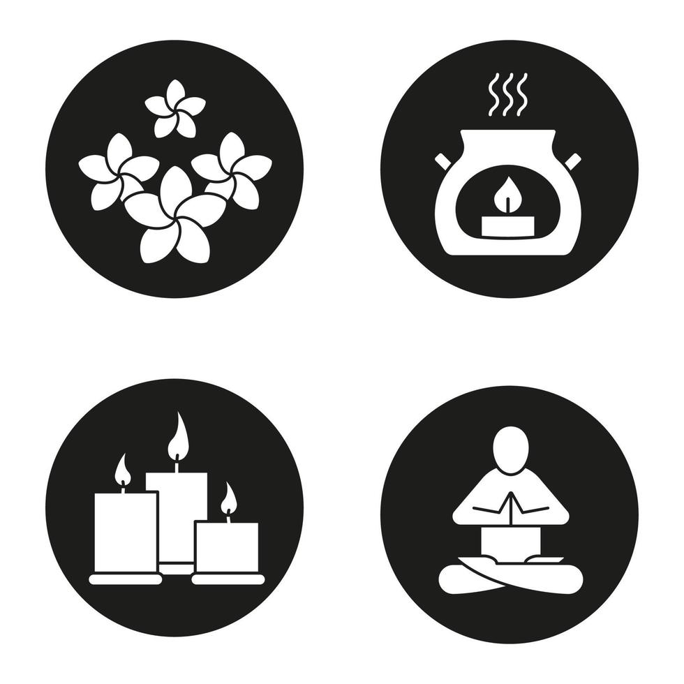 ensemble d'icônes de salon de spa. bougies d'aromathérapie, cours de yoga, fleurs de plumeria. illustrations vectorielles de silhouettes blanches dans des cercles noirs vecteur