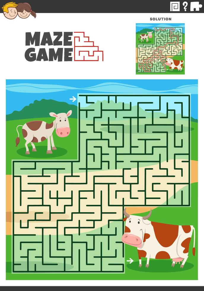 Labyrinthe Jeu avec dessin animé vache et veau ferme animaux vecteur