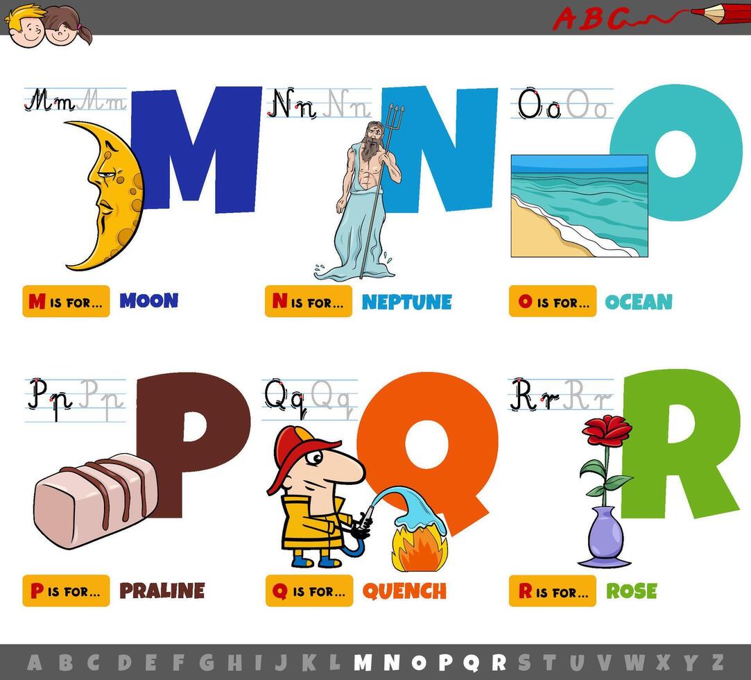 lettres de l'alphabet de dessin animé éducatif pour les enfants de m à r vecteur