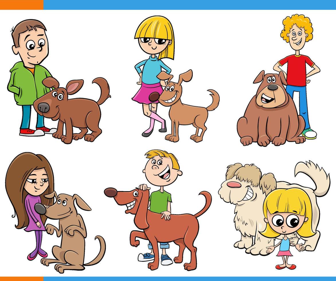 dessin animé les enfants et les adolescents et leur chiens personnages ensemble vecteur