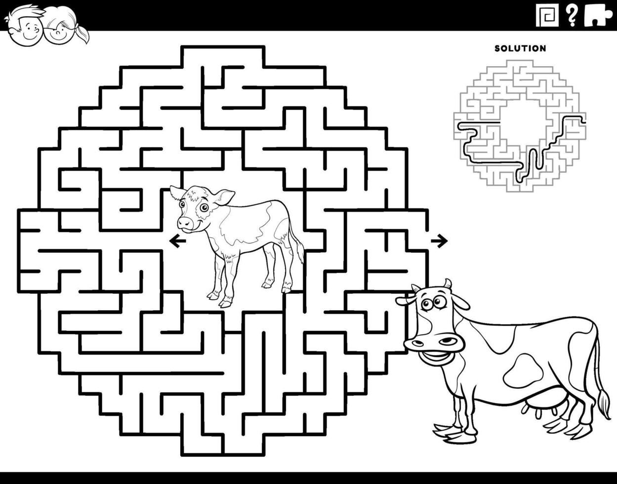 Labyrinthe Jeu avec dessin animé veau et vache coloration page vecteur