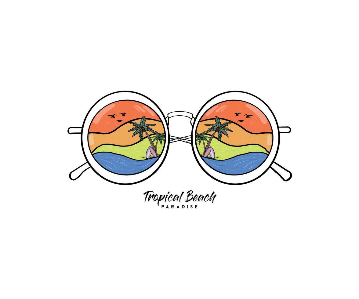 ancien rétro été lunettes de soleil avec ensoleillement plage, été plage ensoleillement impression conception ouvrages d'art, prendre moi à le soleil, plage paradis impression T-shirt graphique conception. vecteur