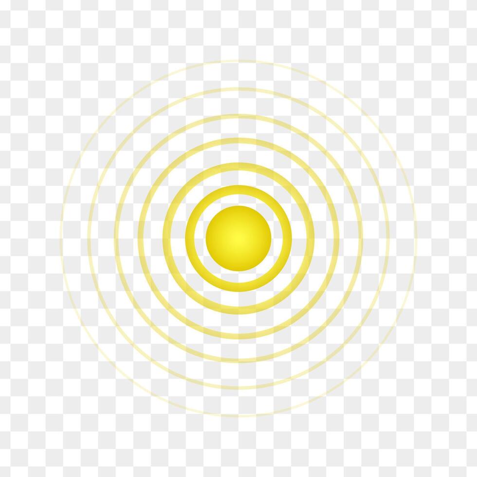 Jaune point avec concentrique cercles. symbole de but, cible, douleur, guérison, blesser, calmant. rond localisation icône. radar, du son ou sonar vague signe vecteur