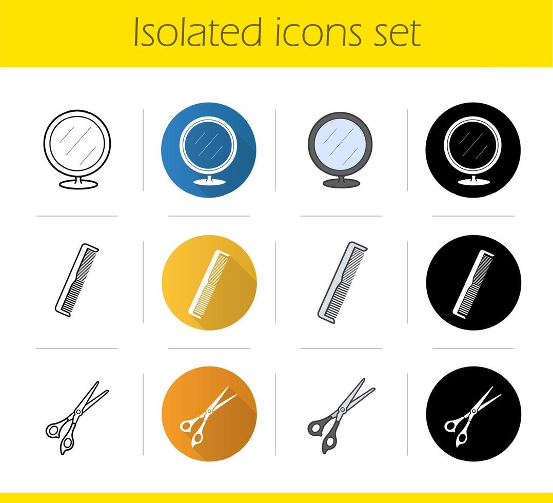 Ensemble d'icônes d'accessoires de salon de coiffure. design plat, styles linéaires, noirs et couleurs. miroir de table, ciseaux, peigne. illustrations vectorielles isolées vecteur