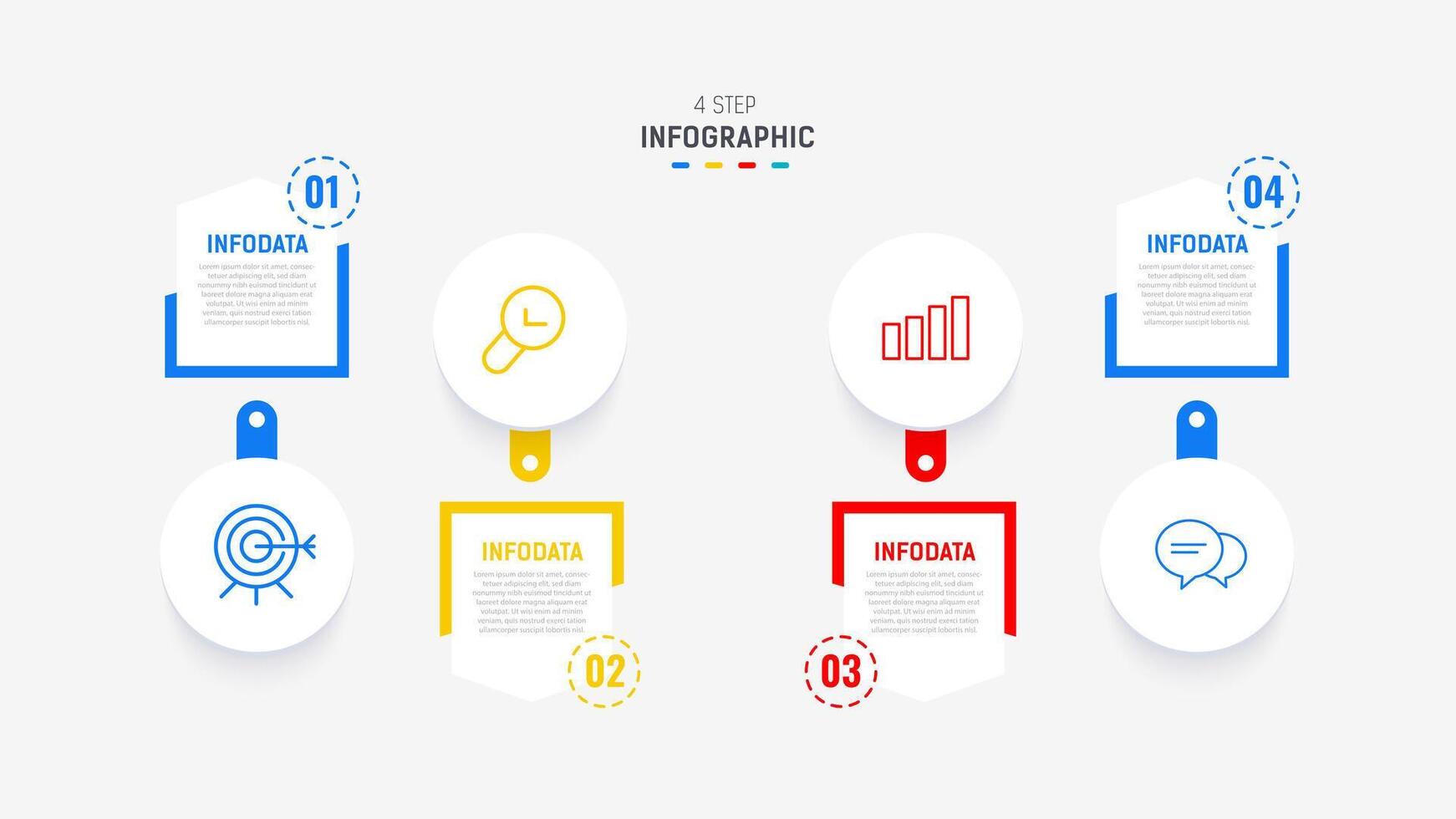 quatre étape infographie élément conception modèle pour présentation. processus diagramme et présentations marcher, flux de travail mise en page, bannière, couler graphique, Info graphique illustration. vecteur
