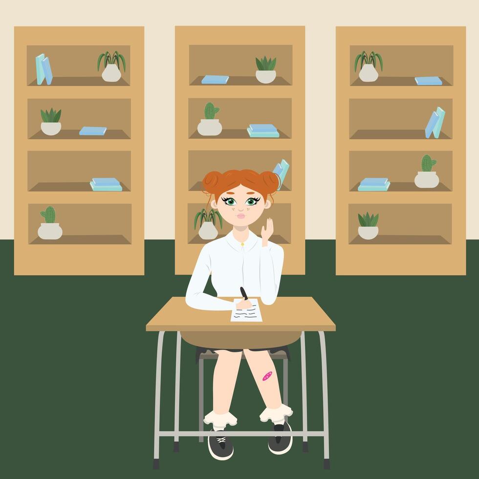 mignonne fille avec rouge cheveux séance à une école bureau dans école classe avec 3 garde-robes avec livres. retour à école édition. plat vecteur