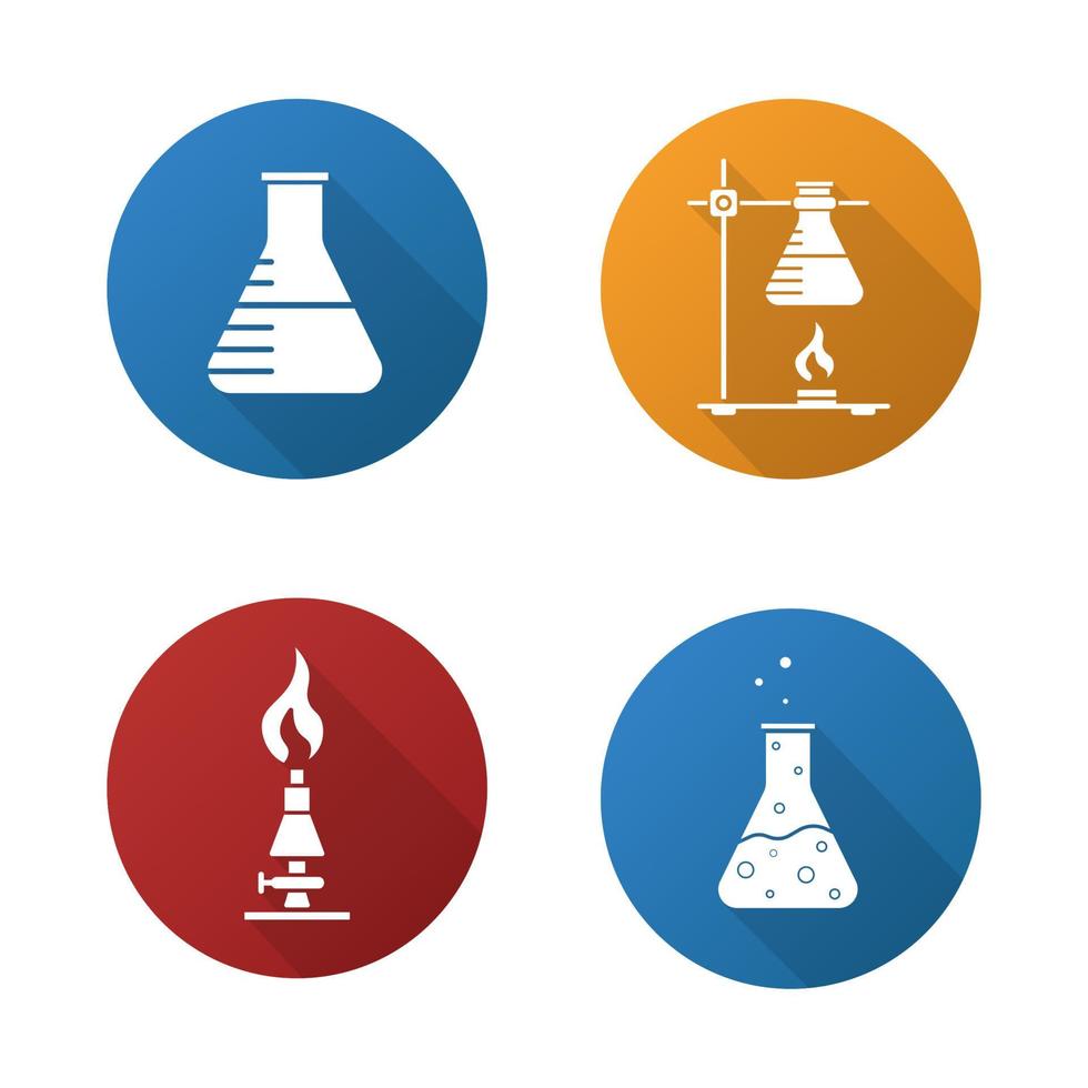 équipement de laboratoire de chimie scolaire. Ensemble d'icônes grandissime design plat. bécher avec liquide, support annulaire avec flacon, brûleur de laboratoire, réaction chimique. illustration vectorielle vecteur