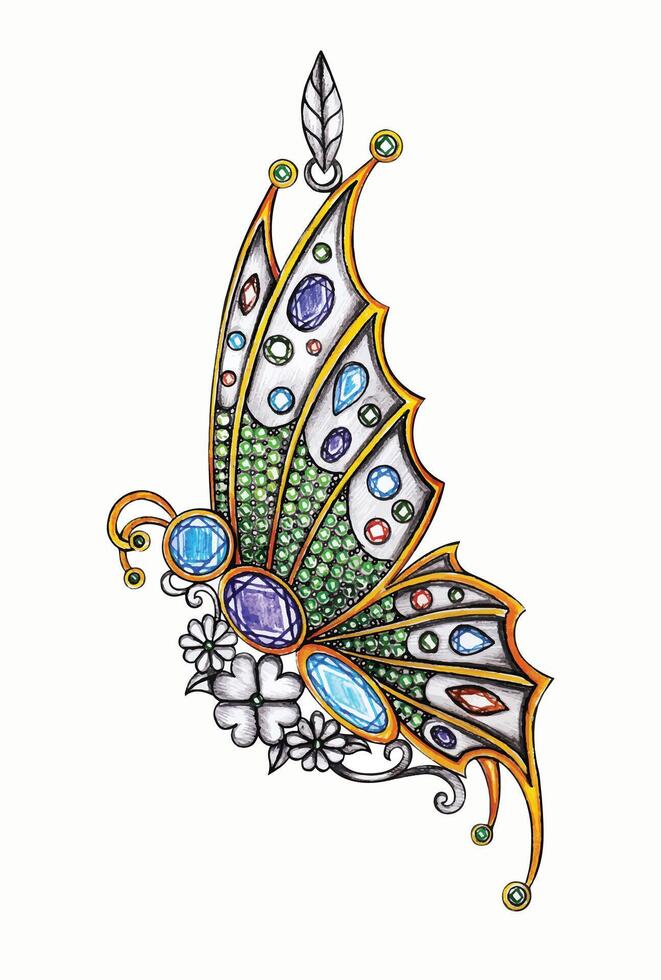 bijoux conception ancien art papillon pendentif esquisser par main dessin. vecteur