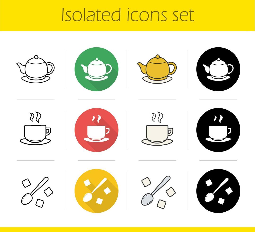 ensemble d'icônes de thé. design plat, styles linéaires, noirs et couleurs. théière de brassage, tasse fumante sur assiette, cuillère à café de morceaux de sucre. illustrations vectorielles isolées vecteur