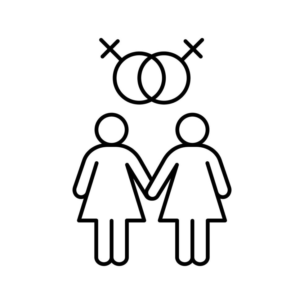 icône linéaire de couple de lesbiennes. illustration de la ligne mince. filles lesbiennes avec des signes de Vénus imbriqués ci-dessus. symbole de contour. dessin de contour isolé de vecteur