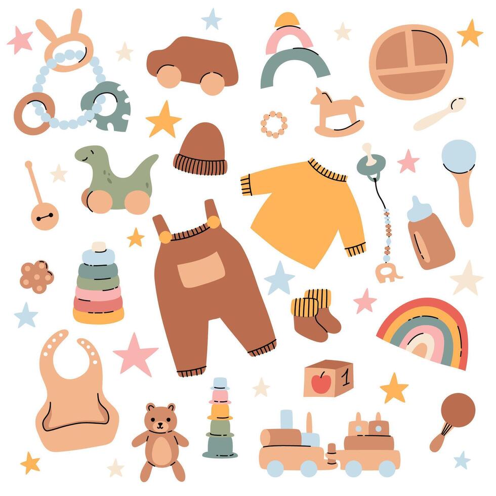 ensemble d'objets bébé boho mignons dans un style scandinave. dessin animé doodle enfants clipart pour carte d'invitation de douche de bébé, décor de chambre de bébé, affiche. vecteur