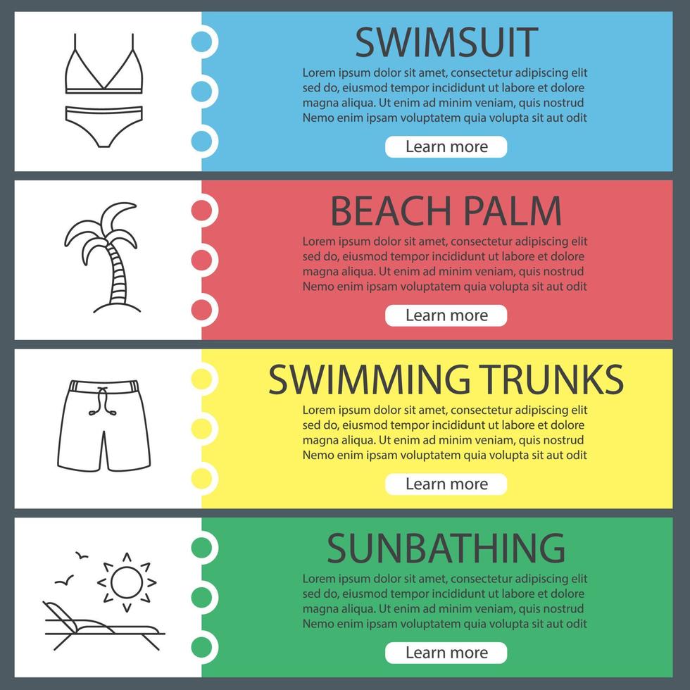 ensemble de modèles de bannière d'été. maillot de bain, palmier, caleçon de bain, chaise de plage avec soleil et oiseaux. éléments de menu de site Web avec des icônes linéaires. bannière web couleur. concepts de conception d'en-têtes de vecteur