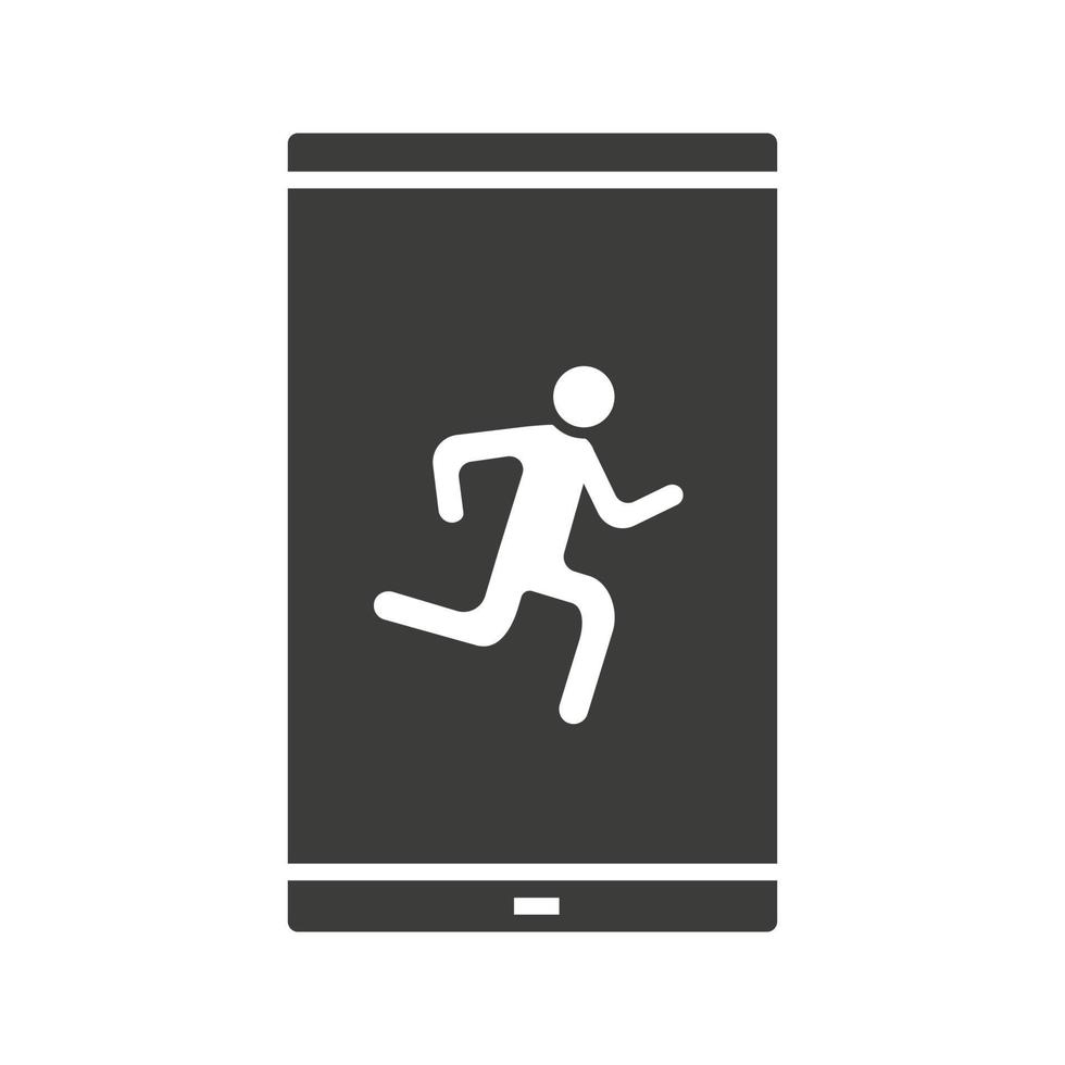 icône de glyphe d'application de sport pour smartphone. symbole de silhouette. téléphone intelligent avec pictogramme homme qui court. espace négatif. illustration vectorielle isolée vecteur