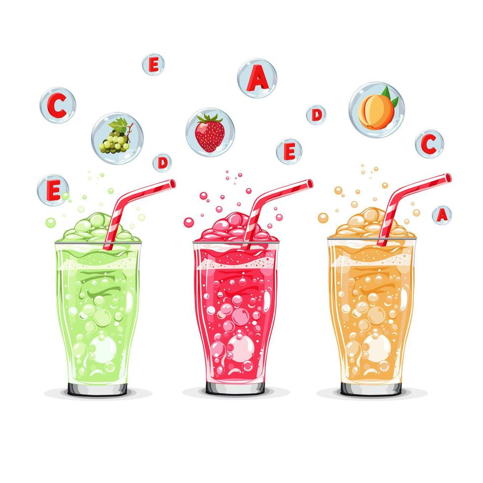 en bonne santé vert, Orange et rouge oxygène des cocktails avec fruit dans air bulles. isolé illustration sur blanc Contexte. été boisson pour plat conception de cartes, bannière, présentations, logo, affiche vecteur