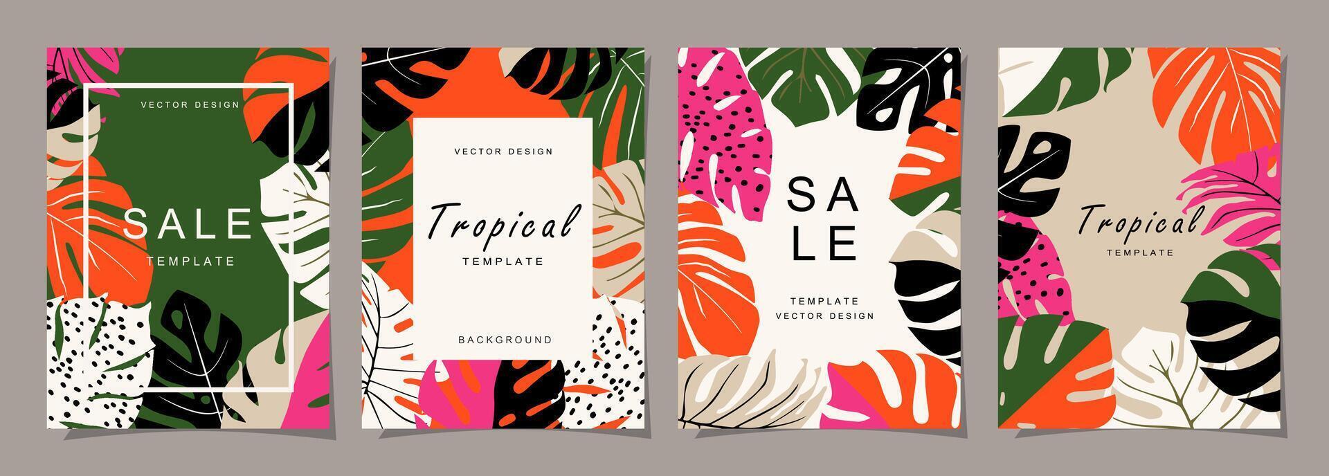 tropicaux modèle ensemble pour affiche, couverture, carte, étiqueter, bannière dans moderne minimaliste style et Facile été conception modèles avec tropical feuilles, fleur. vecteur