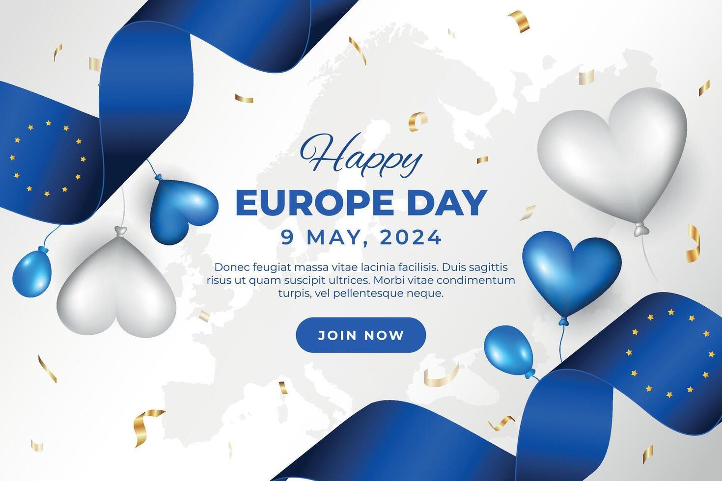 content L'Europe  journée 9e peut. ondulé ruban drapeau sur blanc Contexte. content L'Europe  indépendance journée bannière avec des ballons et drapeaux vecteur