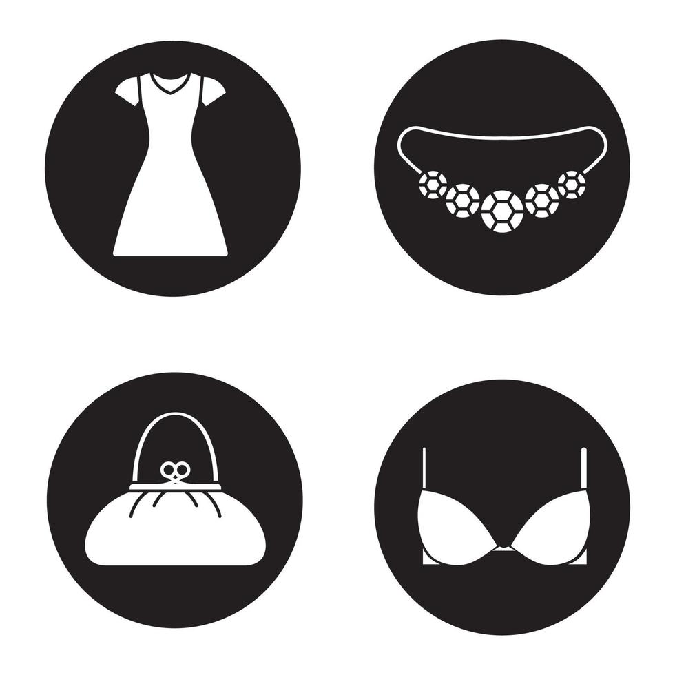 Ensemble d'icônes d'accessoires pour femmes. collier de pierres précieuses, robe de soleil, sac à main, soutien-gorge. illustrations vectorielles de silhouettes blanches dans des cercles noirs vecteur