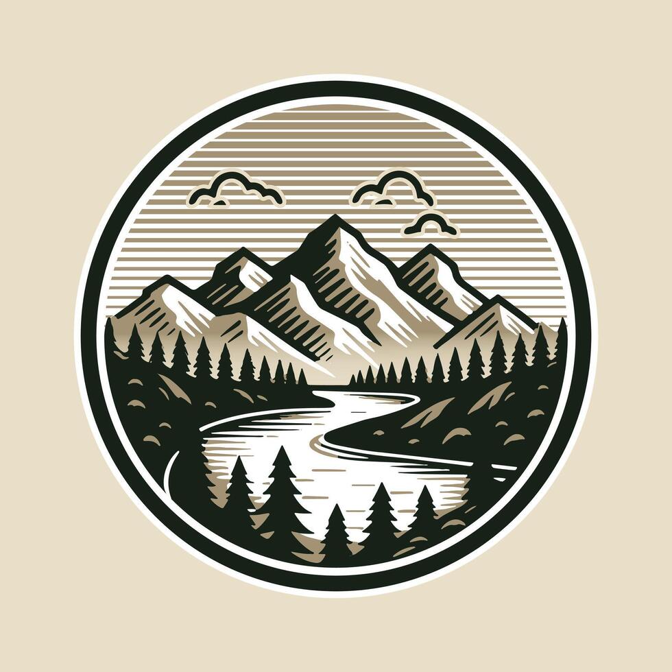 Montagne forêt et rivière logo conception badge vecteur