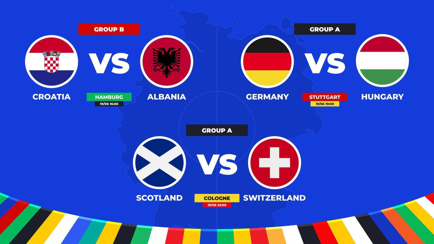 rencontre calendrier. groupe une et b allumettes de le européen Football tournoi dans Allemagne 2024 groupe étape de européen football compétition vecteur