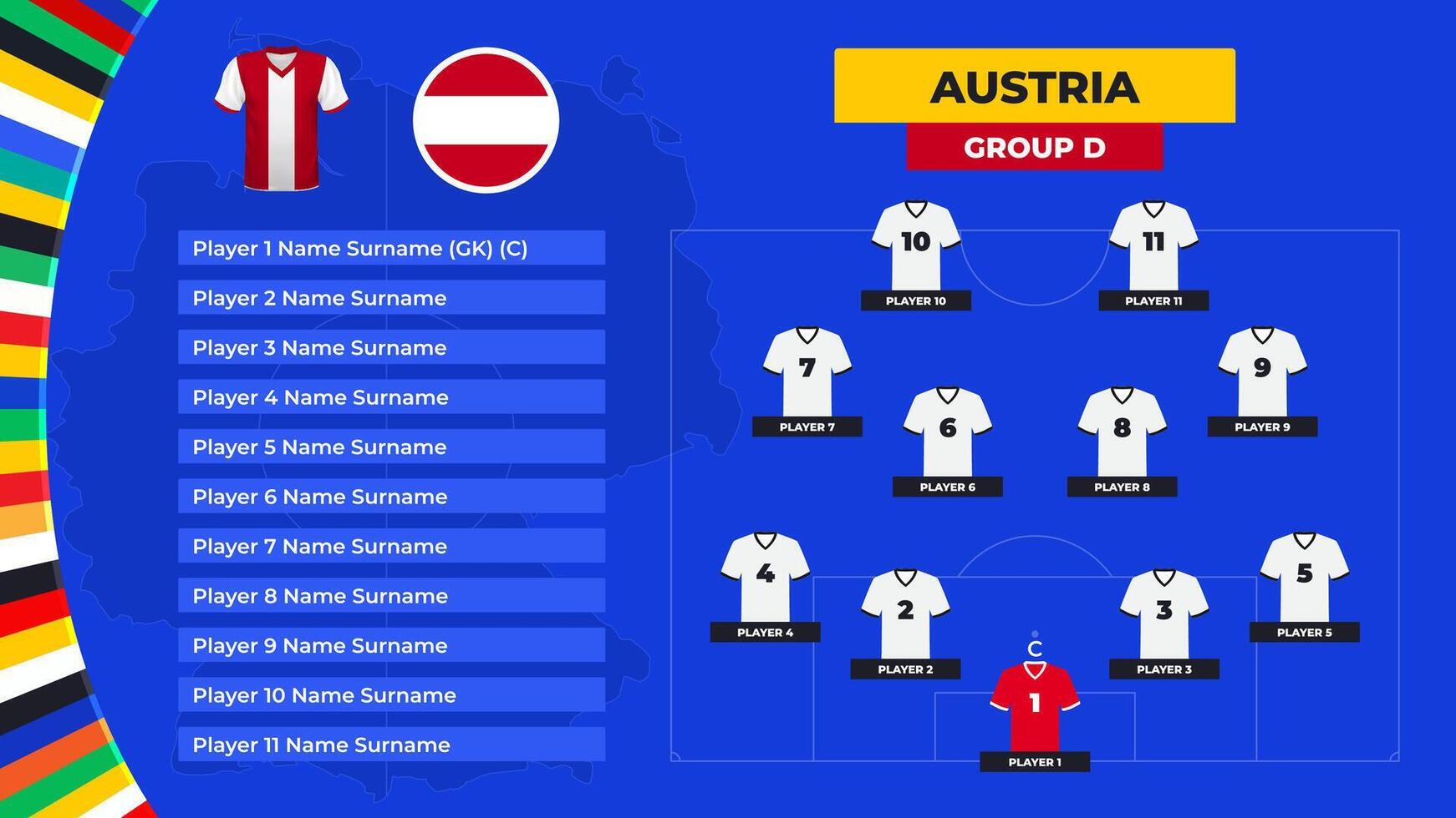 T-shirt et drapeau. s'aligner de le L'Autriche nationale Football équipe. Football champ avec le formation de L'Autriche joueurs à le européen tournoi 2024. vecteur