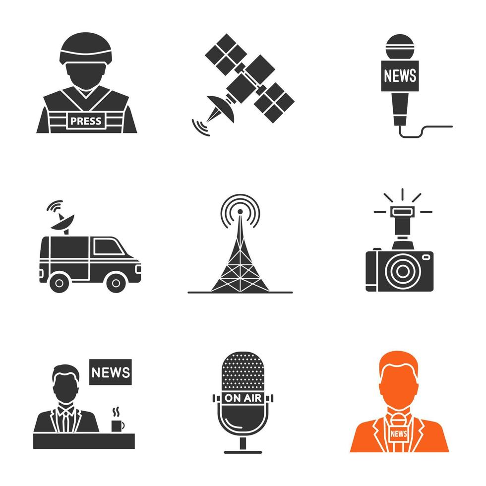 Ensemble d'icônes de glyphe de médias de masse. symboles de silhouette. presse. correspondant de guerre, satellite, microphones, fourgon de nouvelles, tour radio, appareil photo, présentateur de télévision. illustration vectorielle isolée vecteur