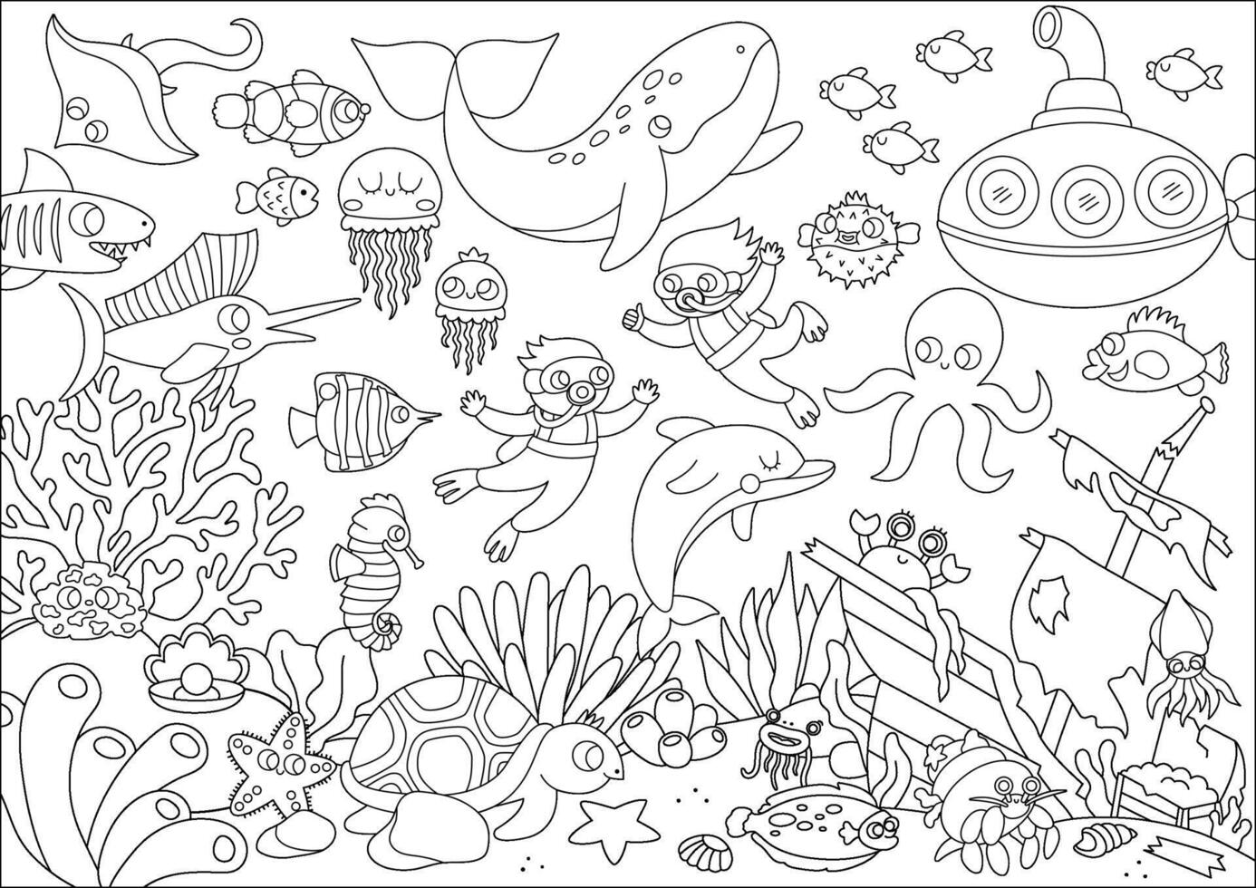noir et blanc en dessous de le mer paysage illustration. océan la vie ligne scène avec animaux, dauphin, baleine, sous-marin, plongeurs, détruit bateau. horizontal l'eau la nature arrière-plan, coloration page vecteur