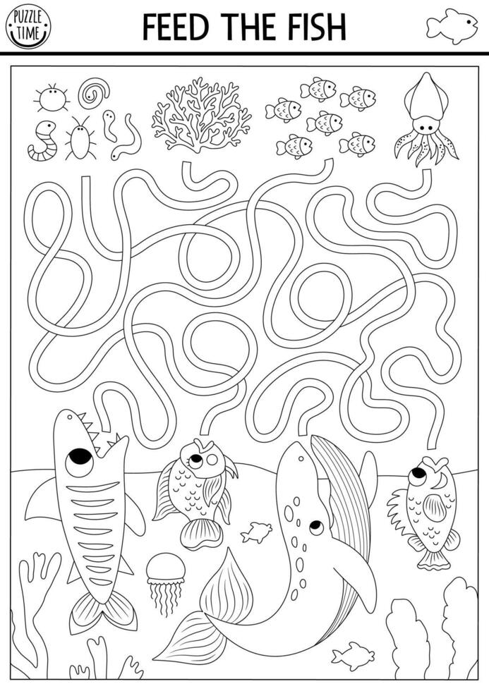 en dessous de le mer noir et blanc Labyrinthe pour des gamins avec tortue, baleine, requin, basse, poisson perroquet. océan ligne préscolaire activité avec des poissons, aliments. l'eau labyrinthe jeu, coloration page. alimentation le poisson vecteur