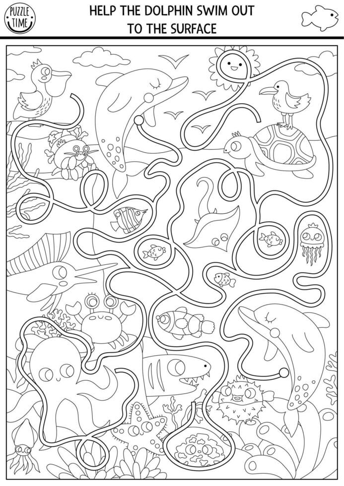 en dessous de le mer noir et blanc Labyrinthe pour des gamins avec Marin paysage, poisson, pélican, pieuvre. océan ligne préscolaire activité. l'eau labyrinthe jeu, coloration page. Aidez-moi dauphin nager en dehors à surface vecteur