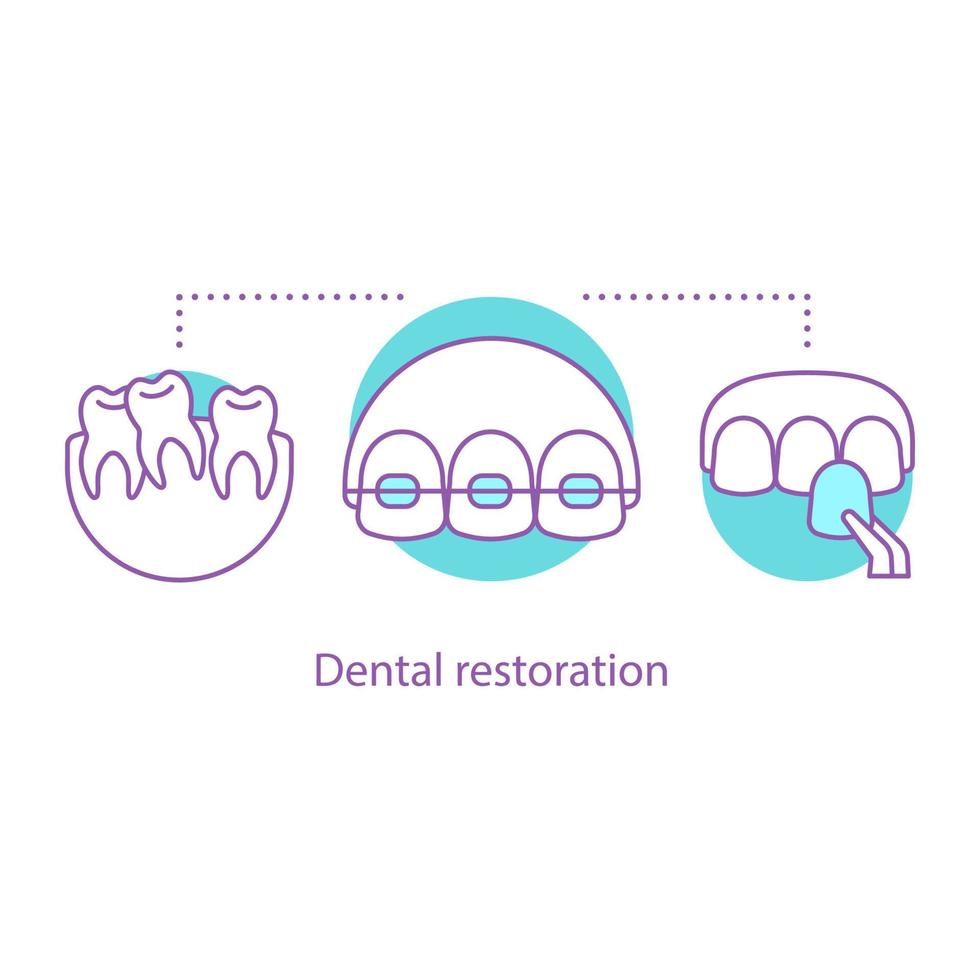 icône de concept de restauration dentaire. illustration de fine ligne idée stomatologie. dentisterie. alignement des dents. placages, accolades. dessin de contour isolé de vecteur