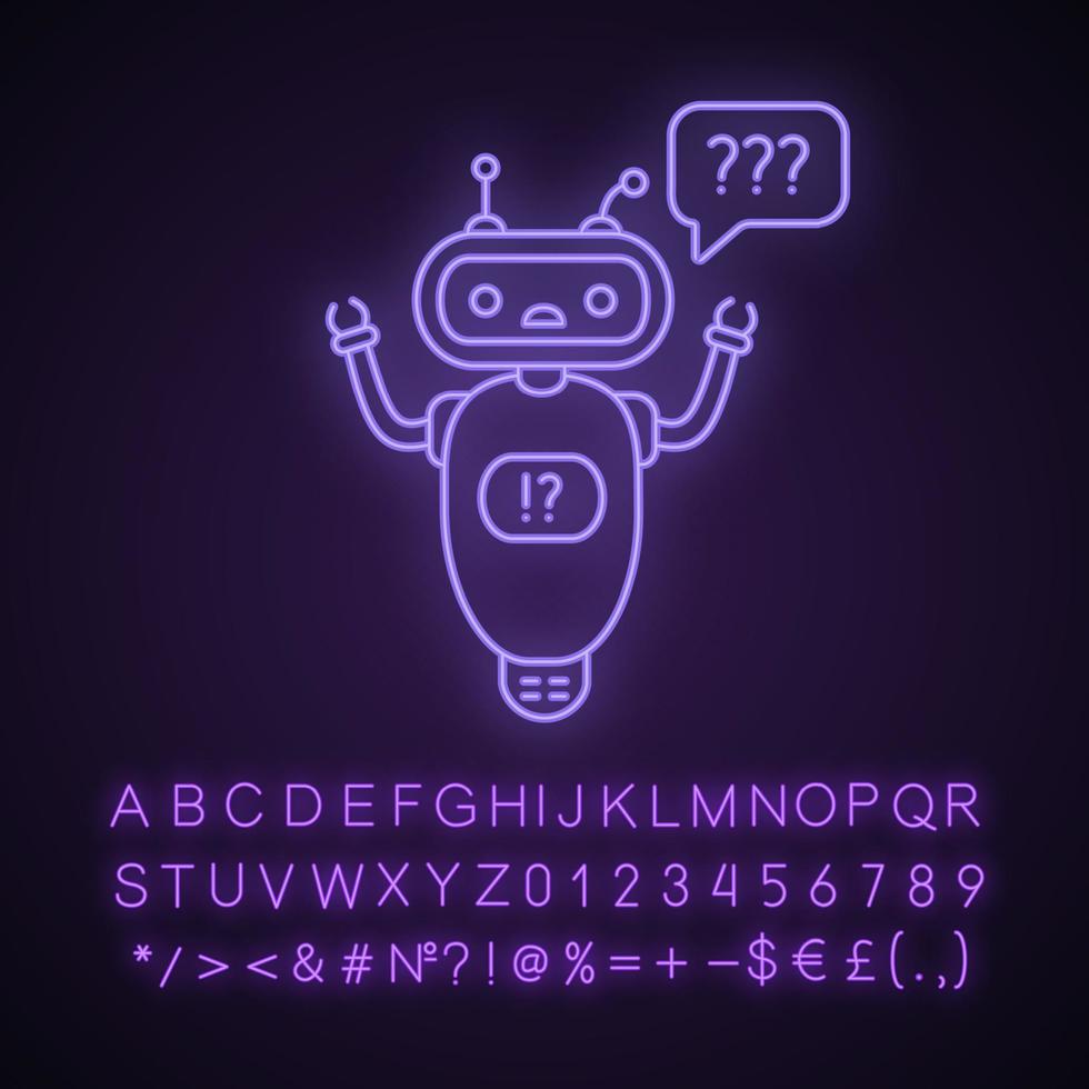 aider l'icône de néon chatbot. faq chat bot. robot abasourdi avec des points d'interrogation dans la bulle de dialogue. signe lumineux avec alphabet, chiffres et symboles. illustration vectorielle isolée vecteur