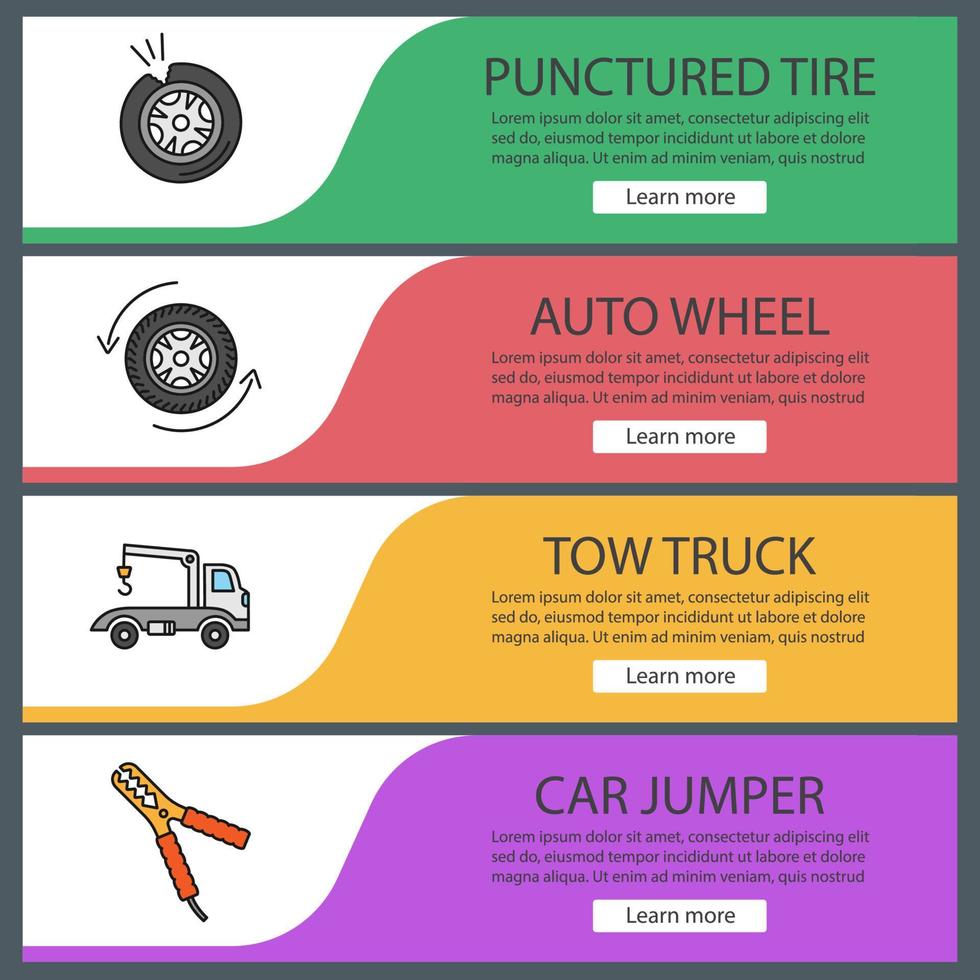 ensemble de modèles de bannière web d'atelier automatique. éléments du menu de couleur du site Web. pneu crevé, roue automatique, remorqueur, cavalier de voiture. concepts de conception d'en-têtes de vecteur