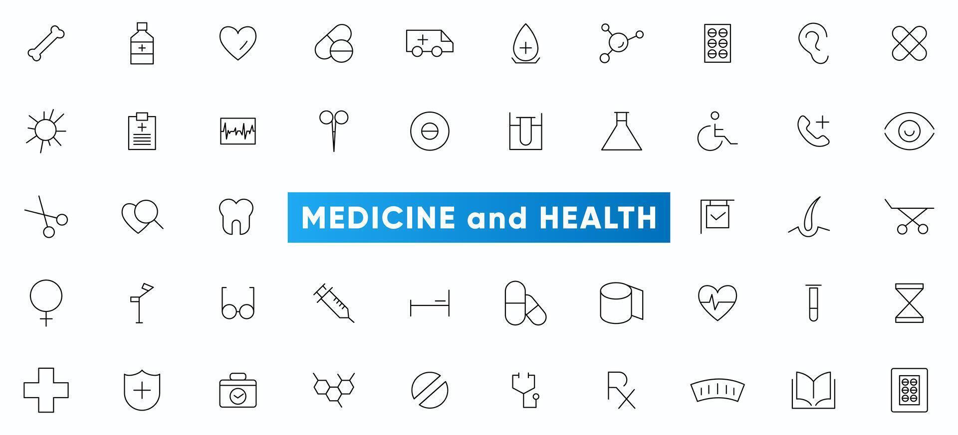 médicament et santé se soucier ligne Icônes ensemble. soins de santé, médical, médecine, vérifier en haut, médecin, dentisterie, pharmacie, laboratoire, scientifique Découverte Icônes collection. contour icône collection. vecteur