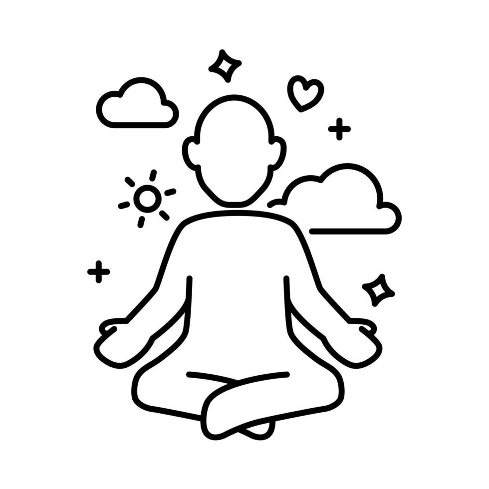 méditation. une homme faire une méditation pose avec nuage, aimer, et positif symbole. vecteur