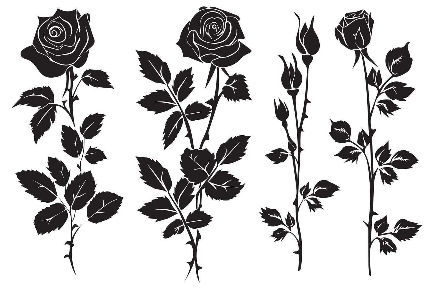 noir silhouette ensemble de Rose avec feuilles fleur noir silhouette blanc Contexte vecteur