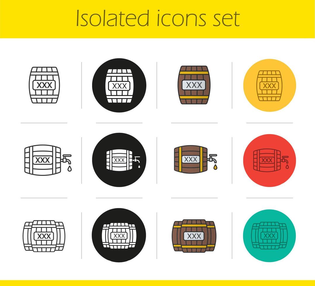 ensemble d'icônes de barils en bois d'alcool. styles linéaire, noir et couleur. fûts de whisky ou de rhum avec robinet, goutte et signe xxx. illustrations vectorielles isolées vecteur