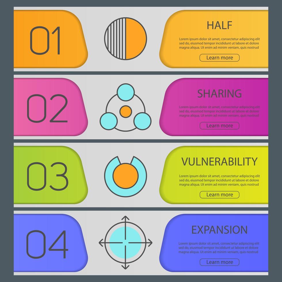ensemble de modèles de bannière de symboles abstraits. moitié, partage, vulnérabilité, expansion. éléments de menu du site Web. bannière web couleur. concepts de conception d'en-têtes de vecteur