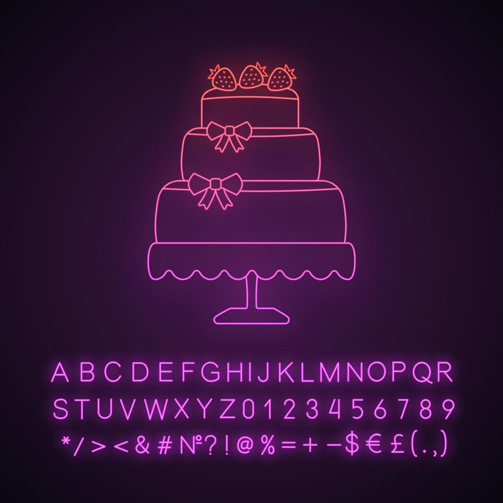 icône de néon de gâteau de mariage. gâteau de vacances empilé avec des arcs et des fraises. confiserie, boulangerie. alphabet brillant, chiffres et symboles. illustration vectorielle isolée vecteur