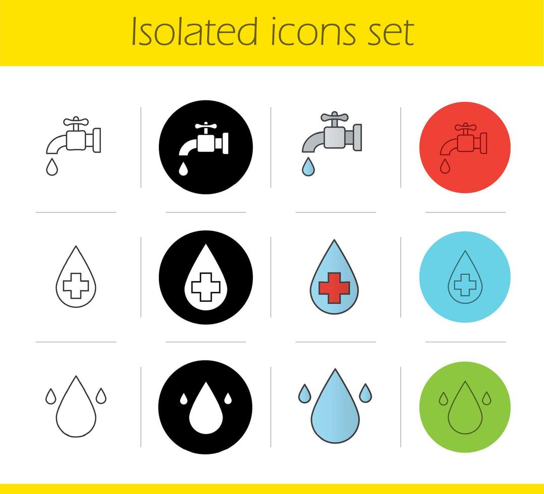 ensemble d'icônes de ressources en eau. styles linéaire, noir et couleur. robinet, gouttes d'eau pure. illustrations vectorielles isolées vecteur