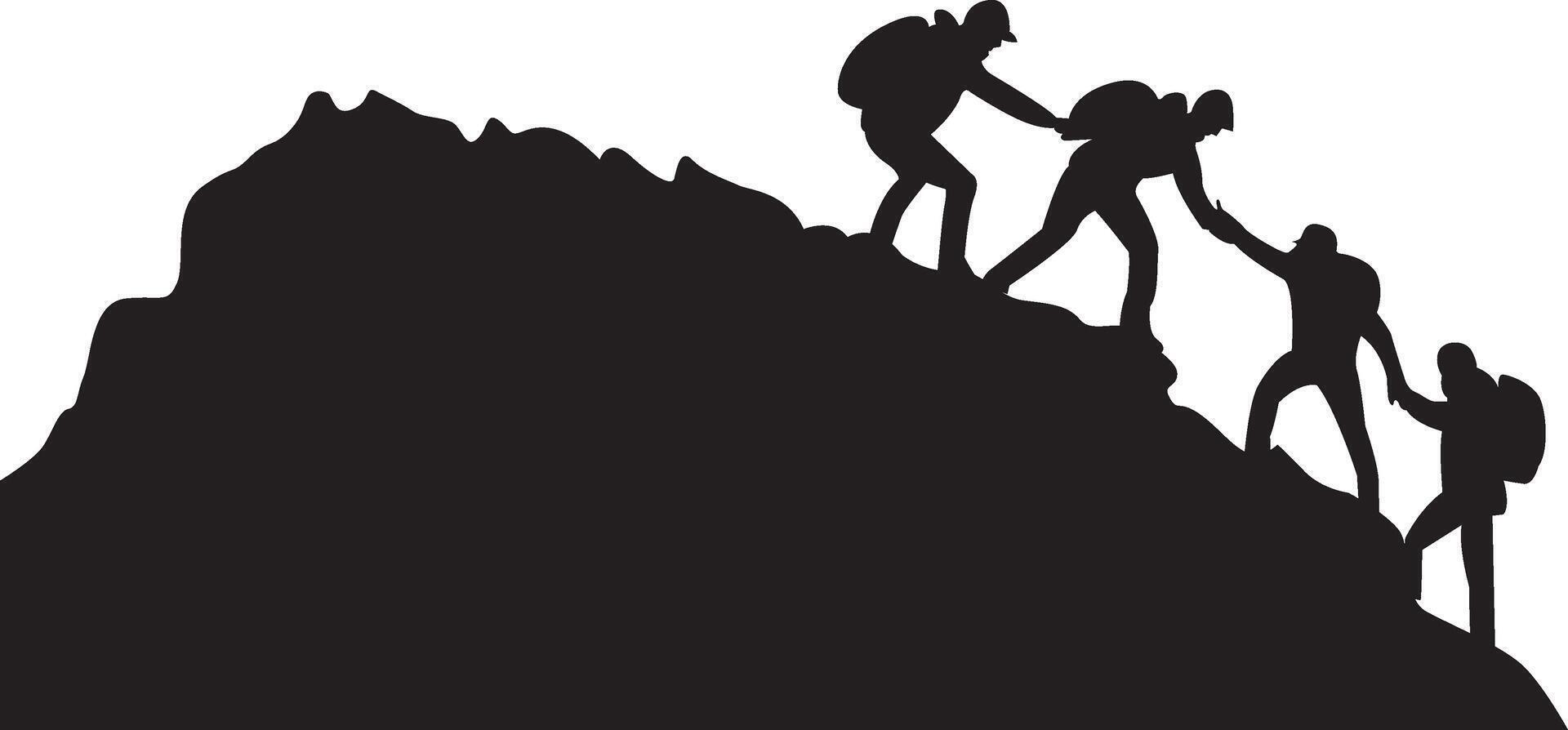 silhouette de quatre gens randonnée escalade Montagne et portion chaque autre sur Haut de montagne, portion main et assistance concept. vecteur