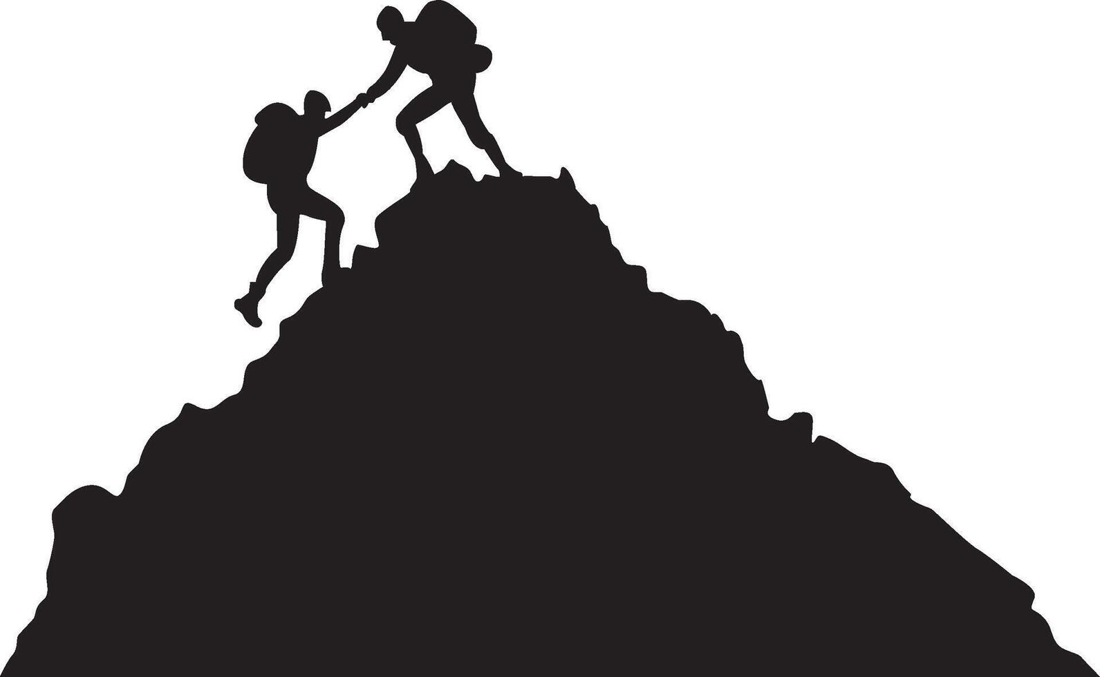 silhouette de deux gens randonnée escalade Montagne et portion chaque autre sur Haut de montagne, portion main et assistance concept. vecteur