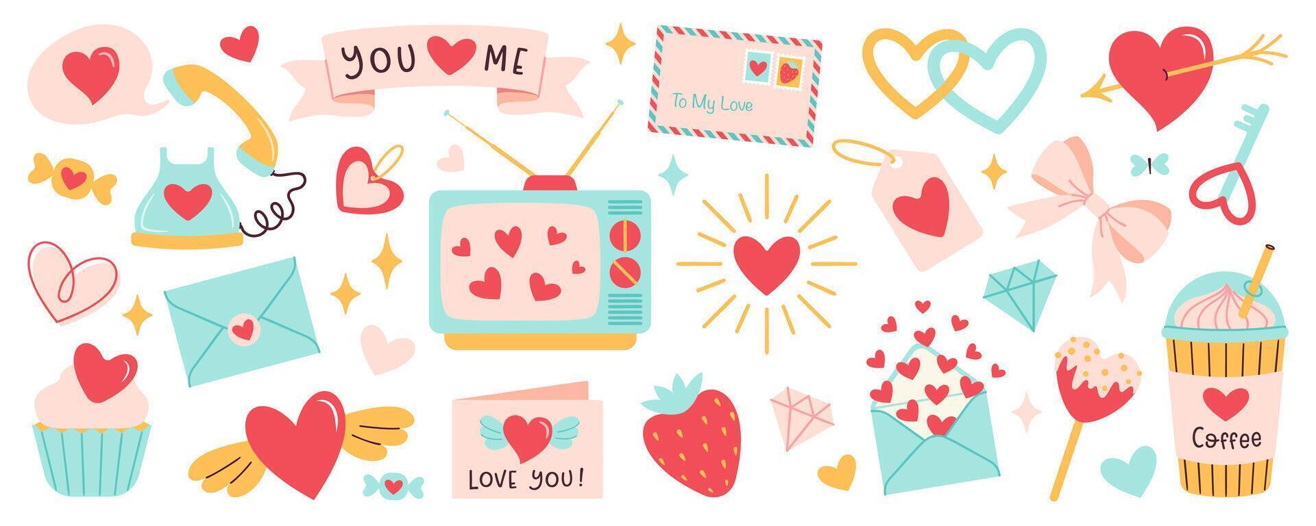 valentines journée éléments ensemble. cadeau, cœur, la télé, gâteau, enveloppe, baie, téléphone, bouquet, café et autres traditionnel décorations. dessin animé style mariage et l'amour concept pour autocollants, salutation cartes. vecteur