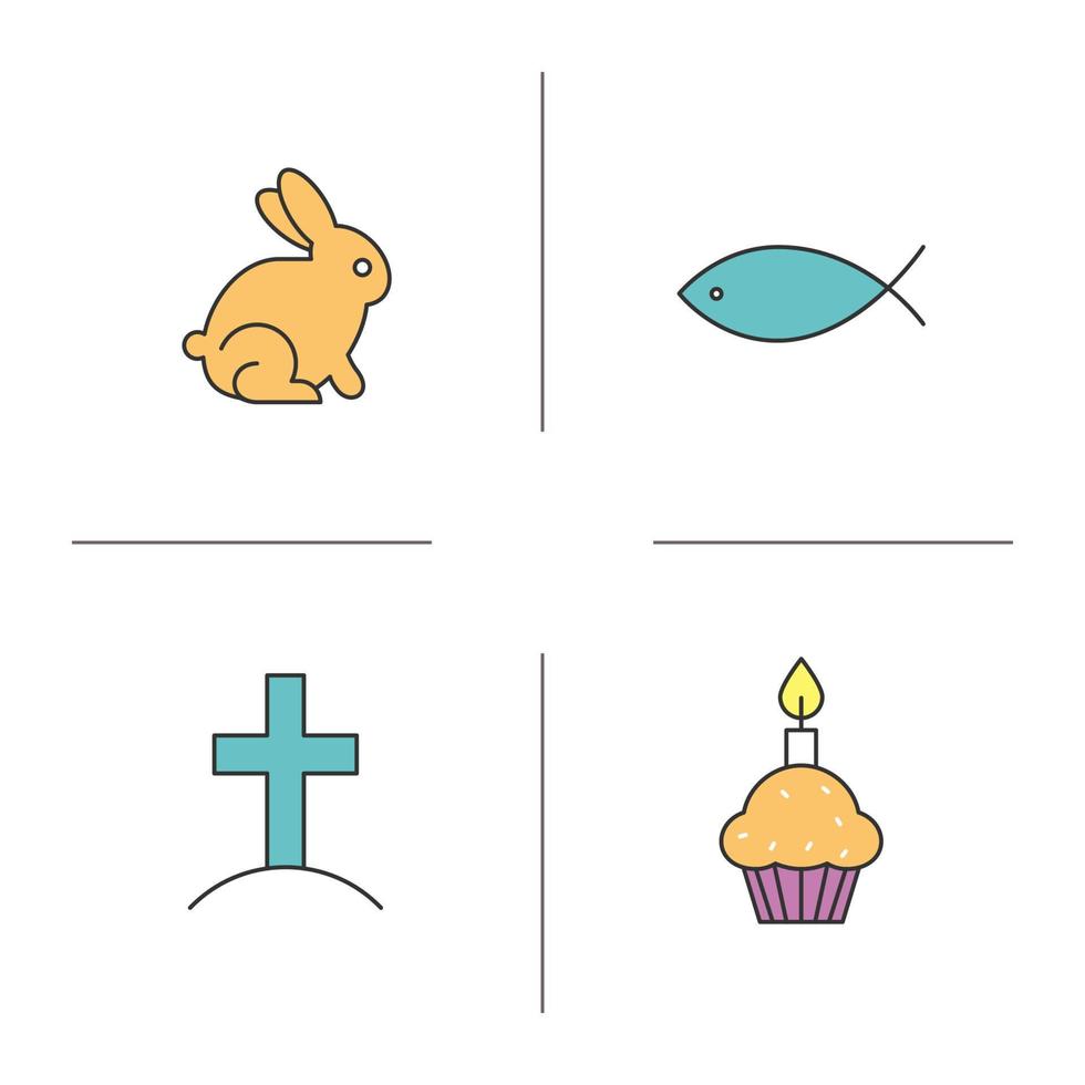 ensemble d'icônes de couleur de pâques. croix sur la colline, lapin de pâques, gâteau avec bougie, poisson. illustrations vectorielles isolées vecteur