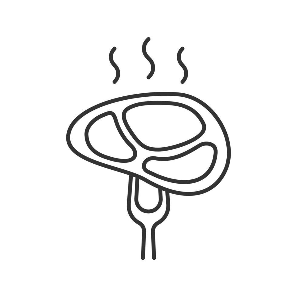 steak sur l'icône linéaire de la fourchette à découper. illustration de la ligne mince. Steak de bœuf. symbole de contour. dessin isolé de vecteur