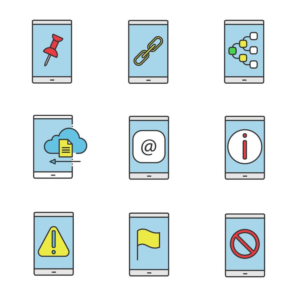 Jeu d'icônes de couleur de smartphone. pièce jointe, lien, partage de contenu, stockage en nuage, e-mail, informations, erreur, navigation GPS, pas de signal. illustrations vectorielles isolées vecteur